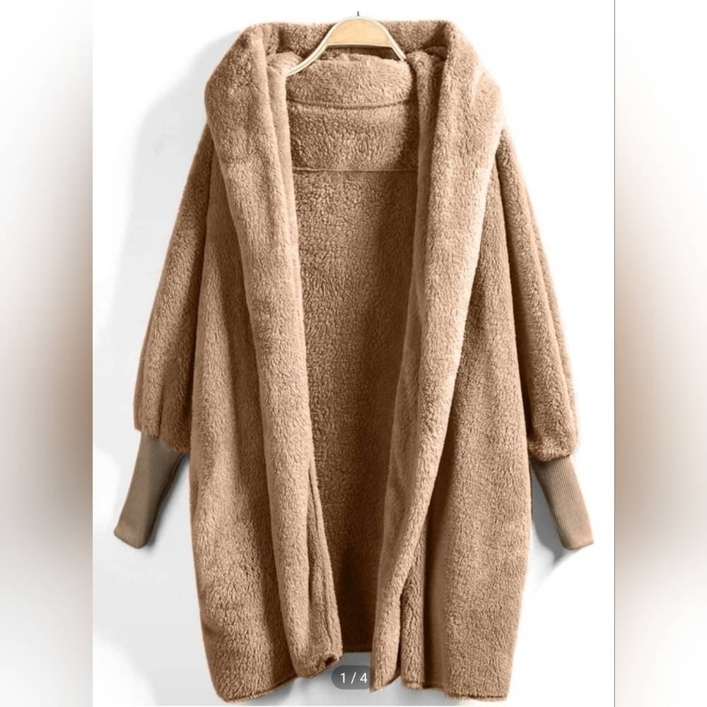 Hooded Open Front Fluffy Teddy Coat
